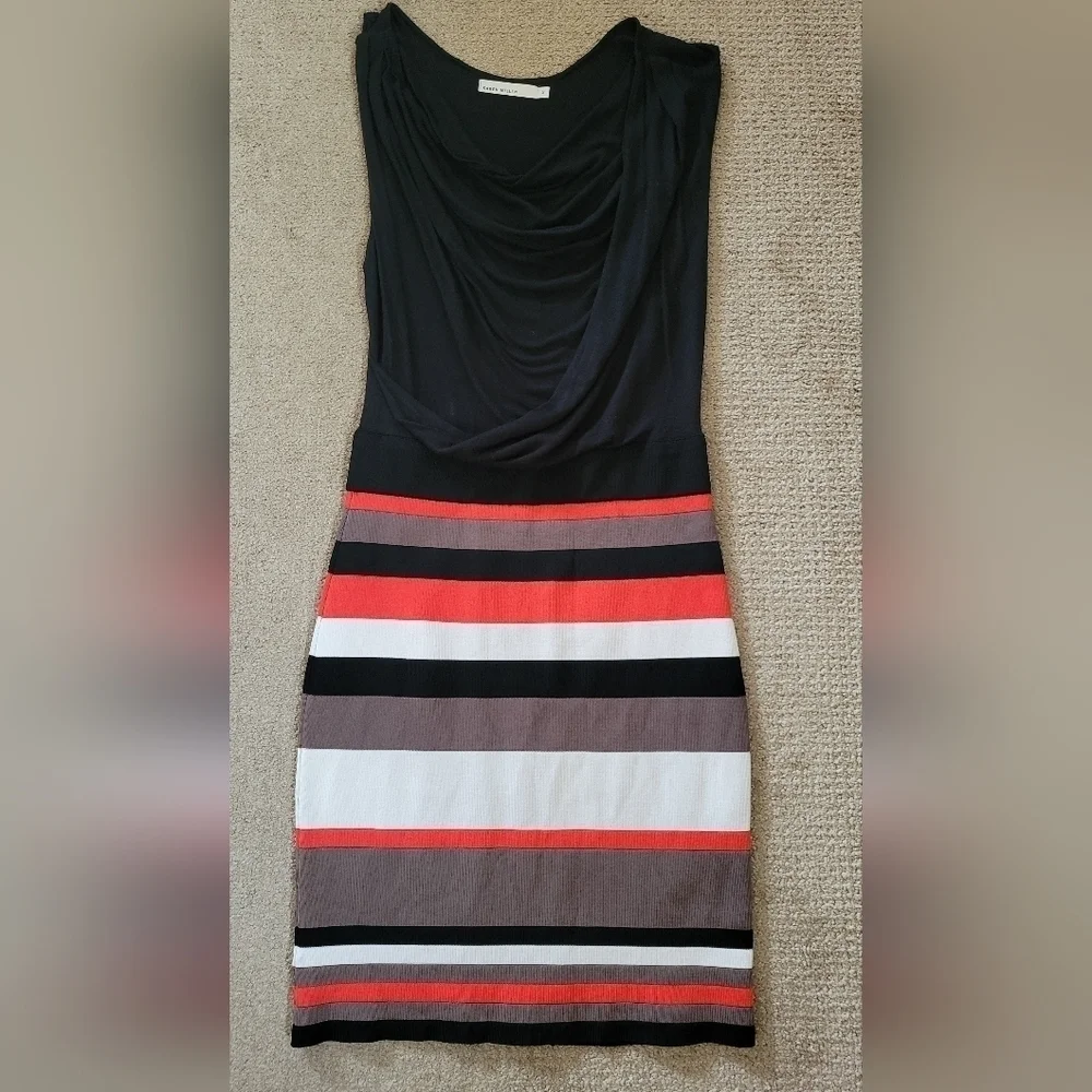 Karen Millen Multi Colored Striped Drape/ Cowl Neck Top Sheath Midi Dress - Picture 3 of 10